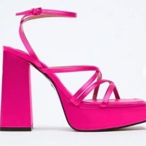 Zara Fuchsia Strappy Heeled Platform Sandals‎ Chunky Satin Pink Barbie. Size 38